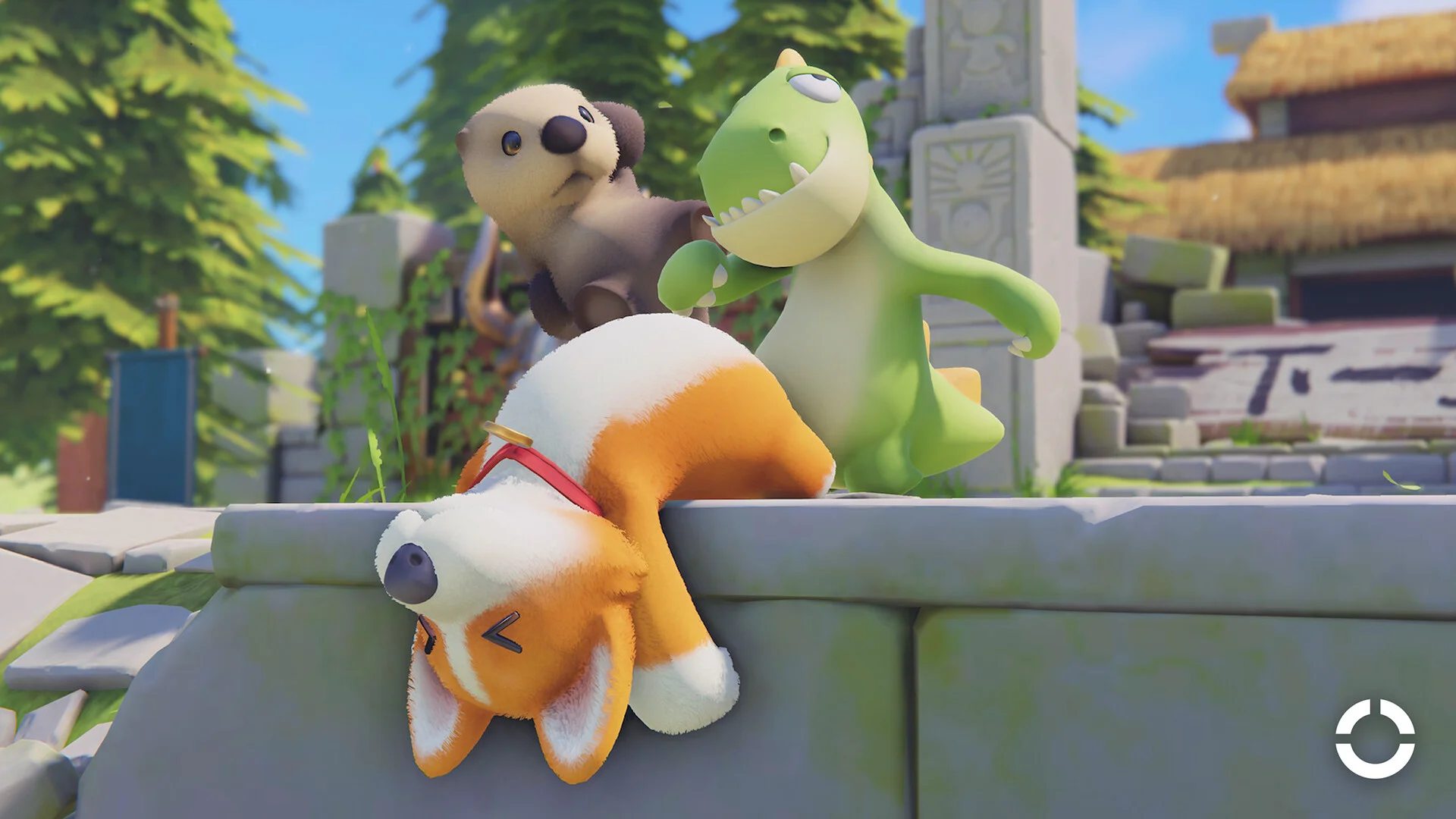 Europe Deluxe still: floppy corgi draped over a stone wall