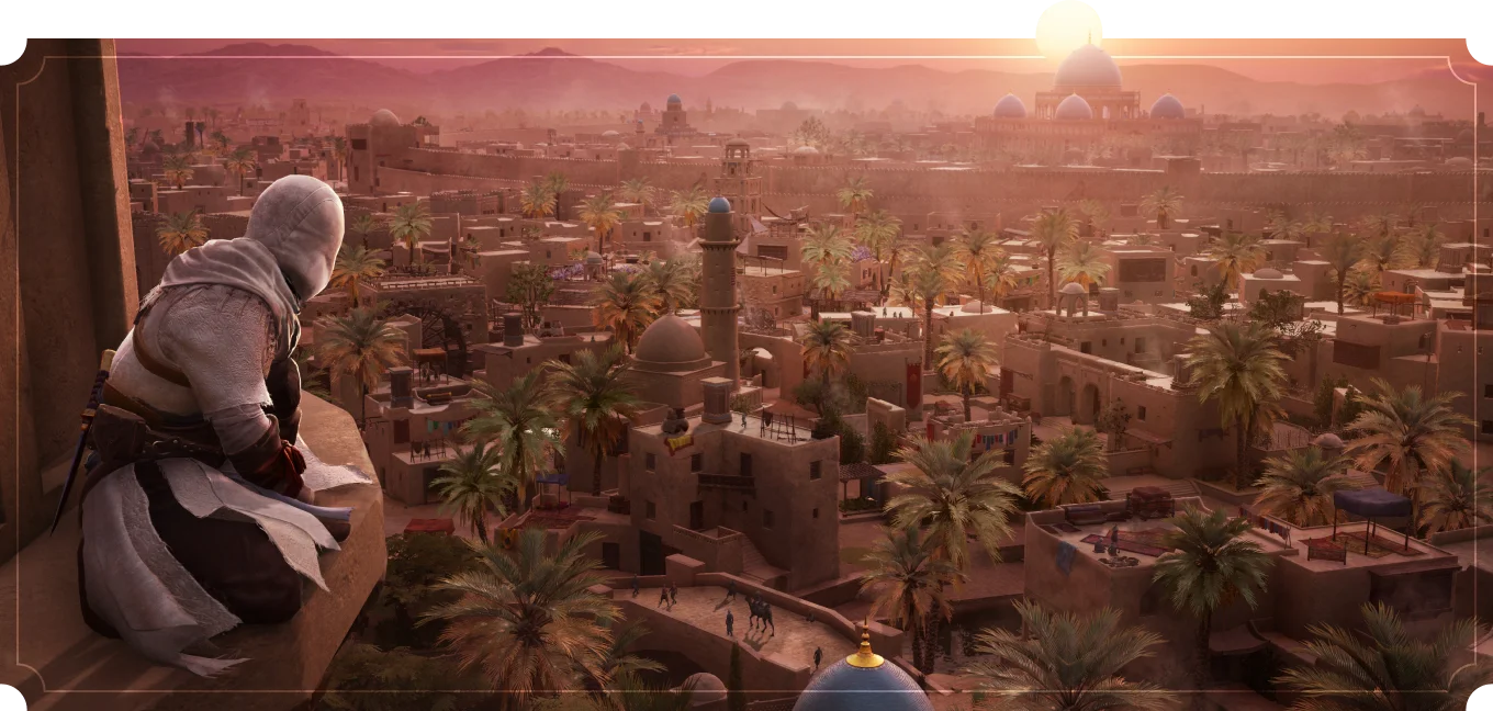 Hooded Basim sitting on a high ledge at sunset, looking over Baghdad rooftops, palms and blue-domed mosques