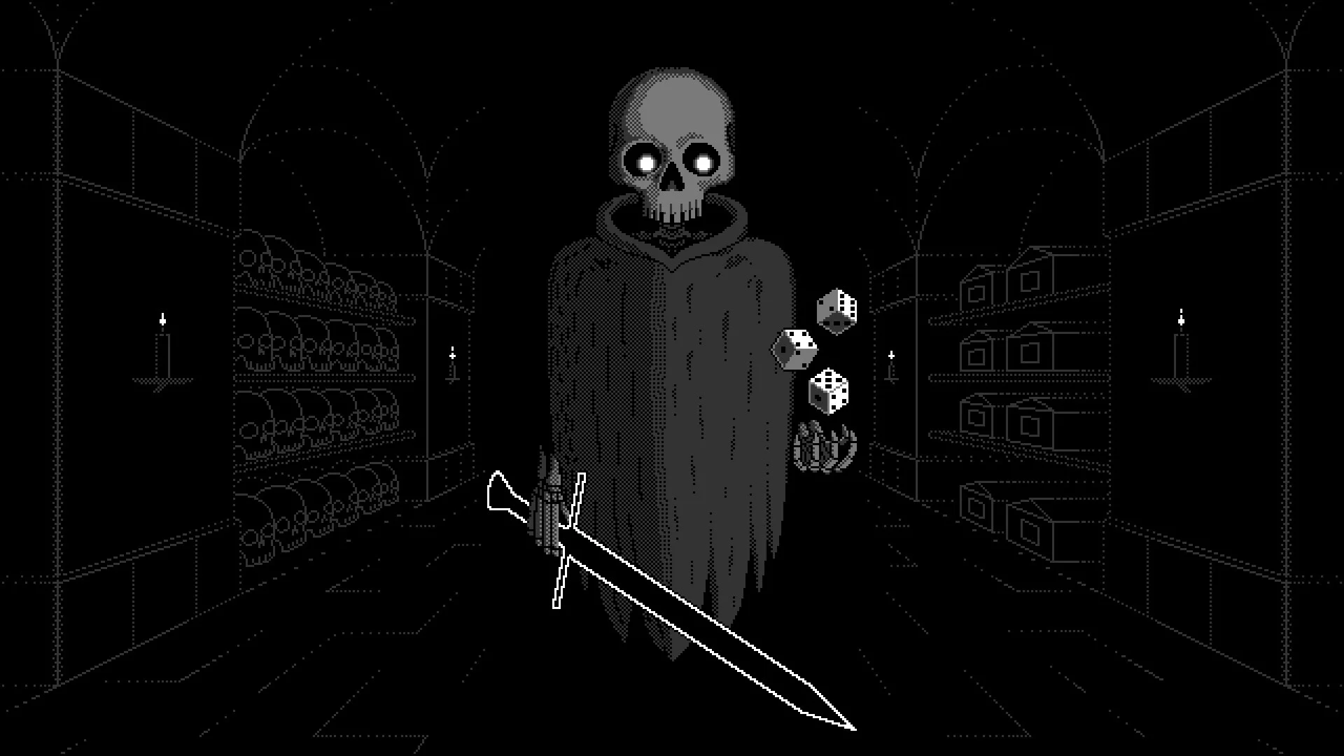 Hooded skeleton in a black hall of skull shelves, long sword and three dice beside a bony hand