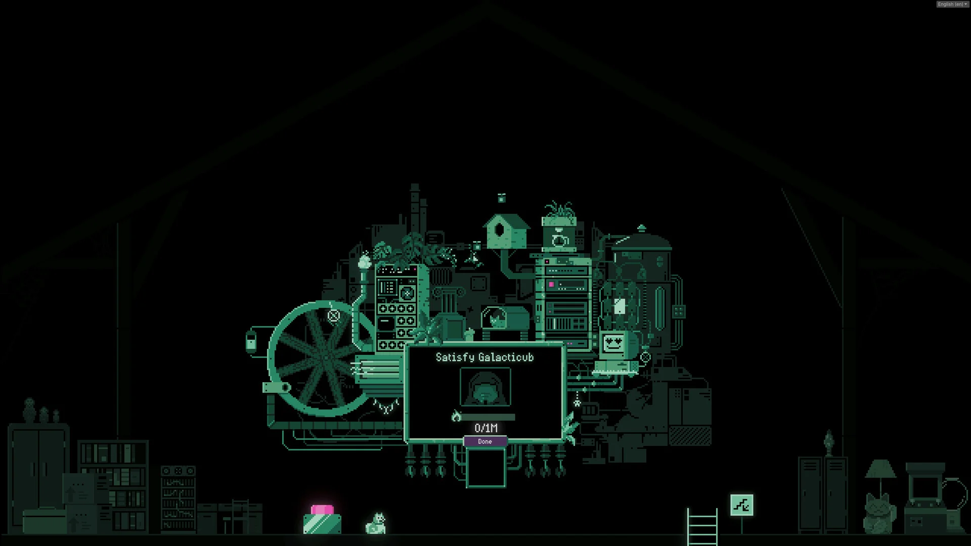 Warehouse of stacked machines under a peaked roof; Satisfy Galacticub quest at 0/1M with a small cat on the right