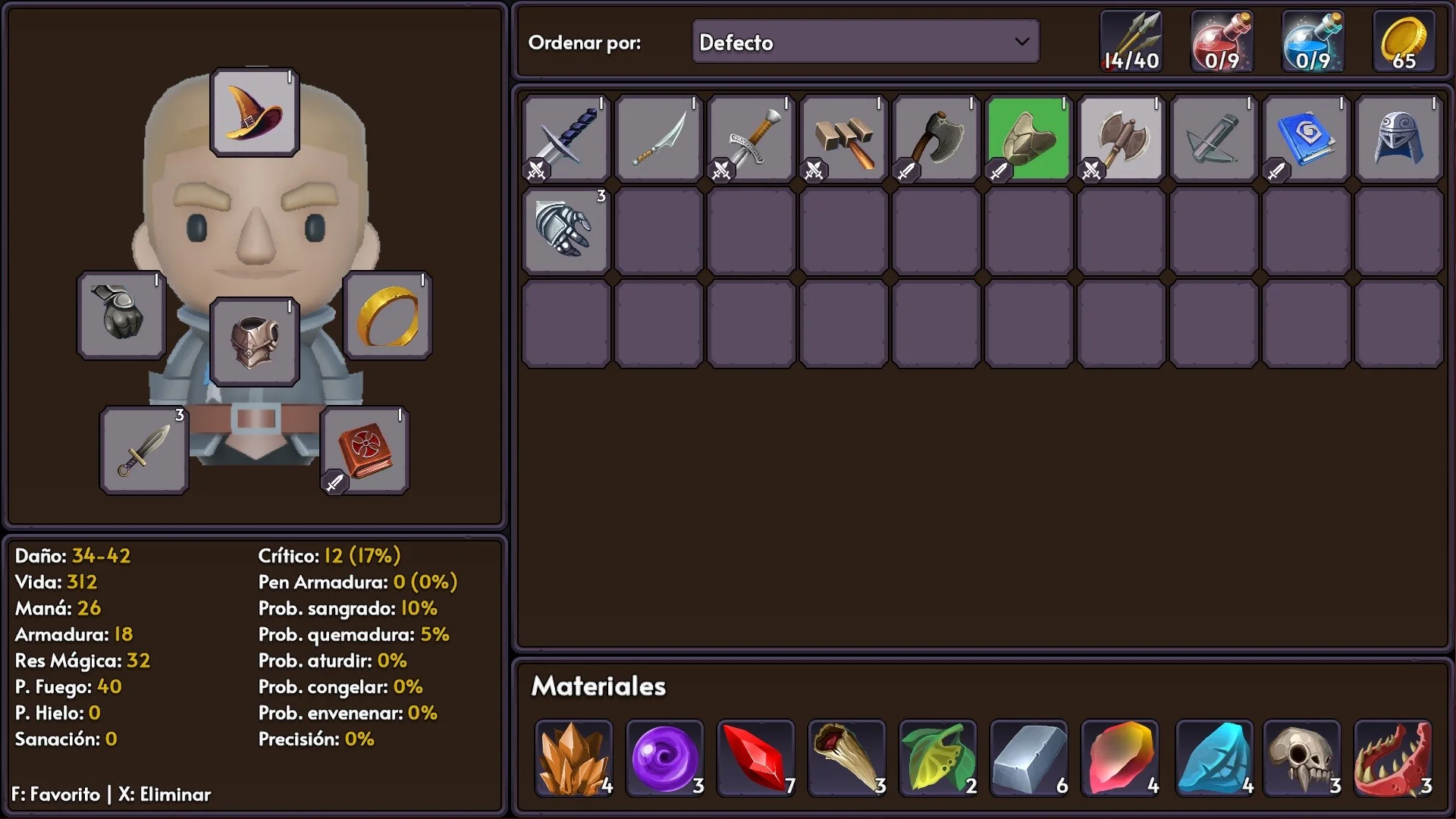 Doors and Loot inventory with weapons, materials and Spanish stat labels