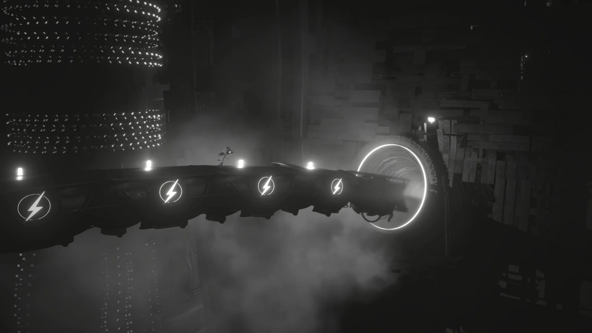 Dark walkway with four lightning-bolt discs, bright ring at the end, small figure walking into fog