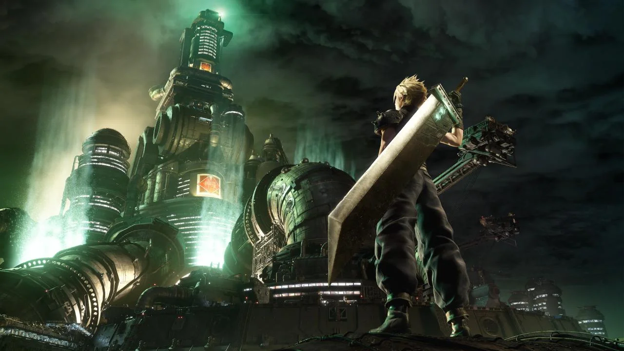 Cloud standing before a green-lit Midgar reactor under a stormy sky