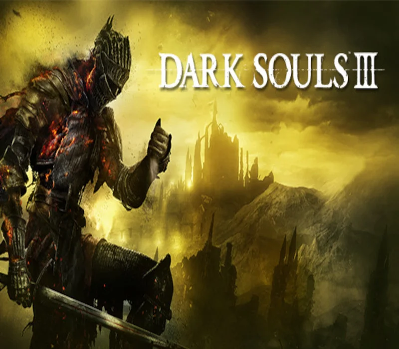 Rycerz w zbroi z mieczem wskazuje płonący gotycki zamek pod tytułem DARK SOULS III