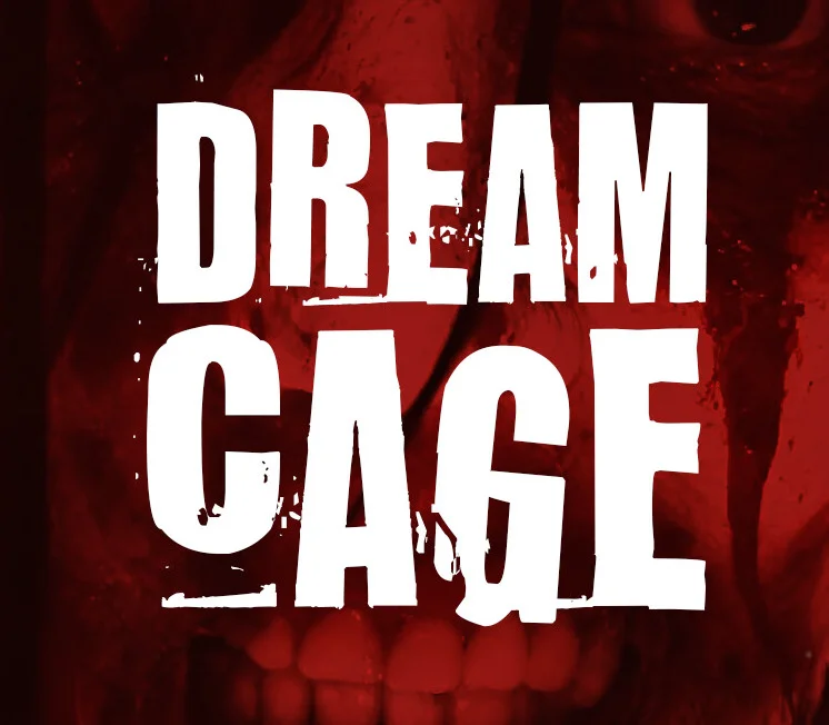 Cover: stained red field with a pale face behind huge white DREAM CAGE lettering