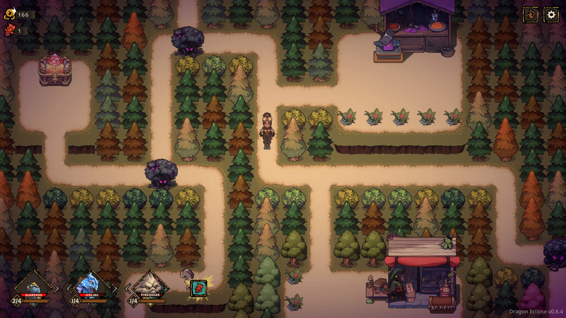 Forest map: tamer on a dirt path among pines, purple blobs, two shops, Slarrnus Iorling Pinqueak party