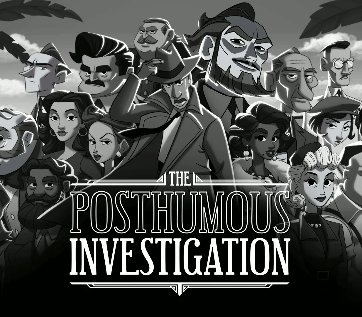 Grayscale crowd of 1930s suspects around a fedora detective, THE POSTHUMOUS INVESTIGATION wordmark across the lower half