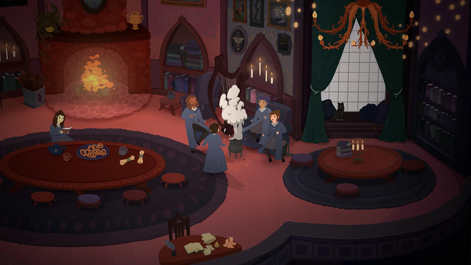 Common-room gathering around a smoking cauldron, harp and fireplace, students in blue robes, pretzels on an oval table, black cat in the window