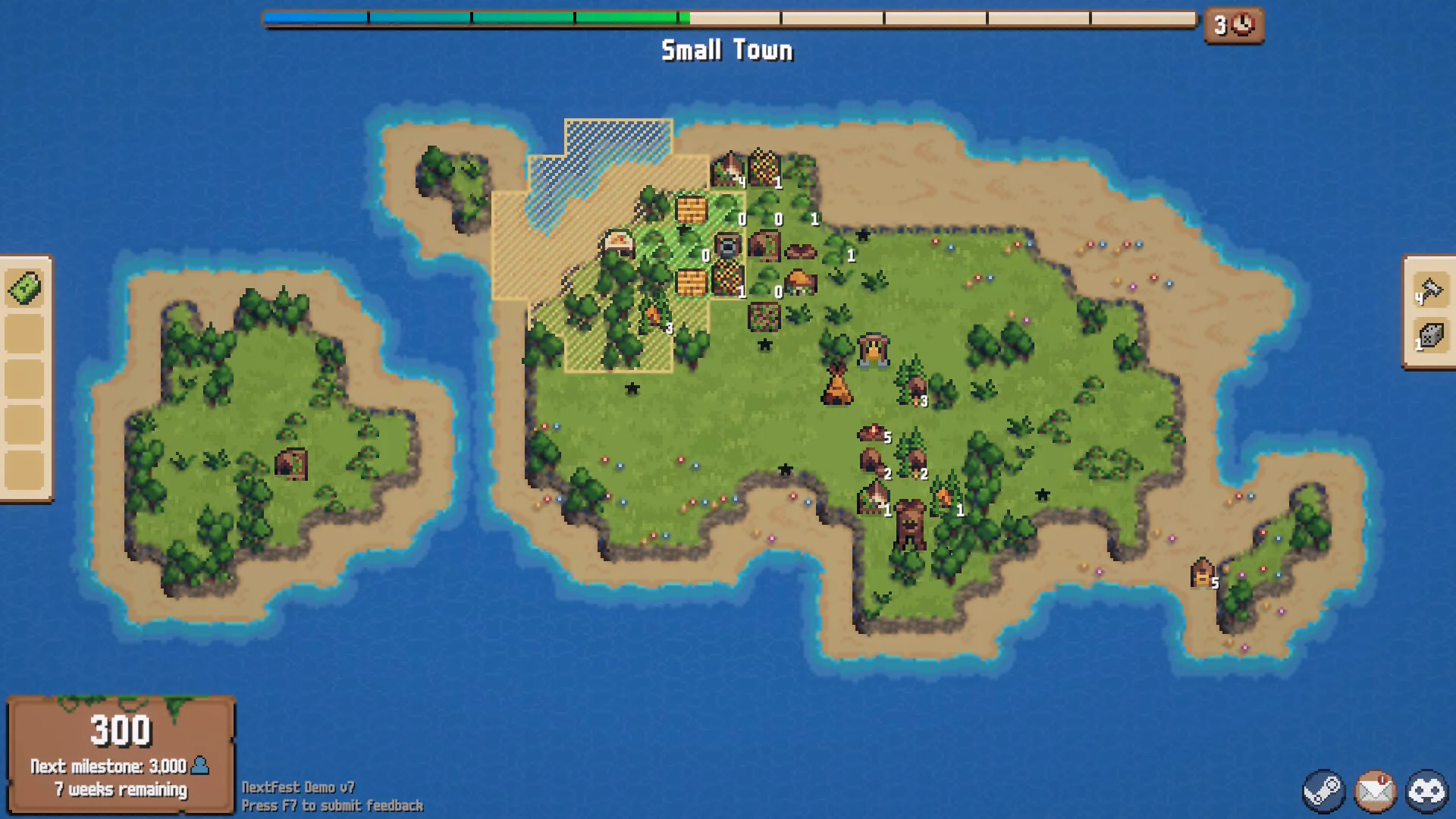 Small Town island: score 300, 7 weeks remaining, two landmasses and a hatched building zone