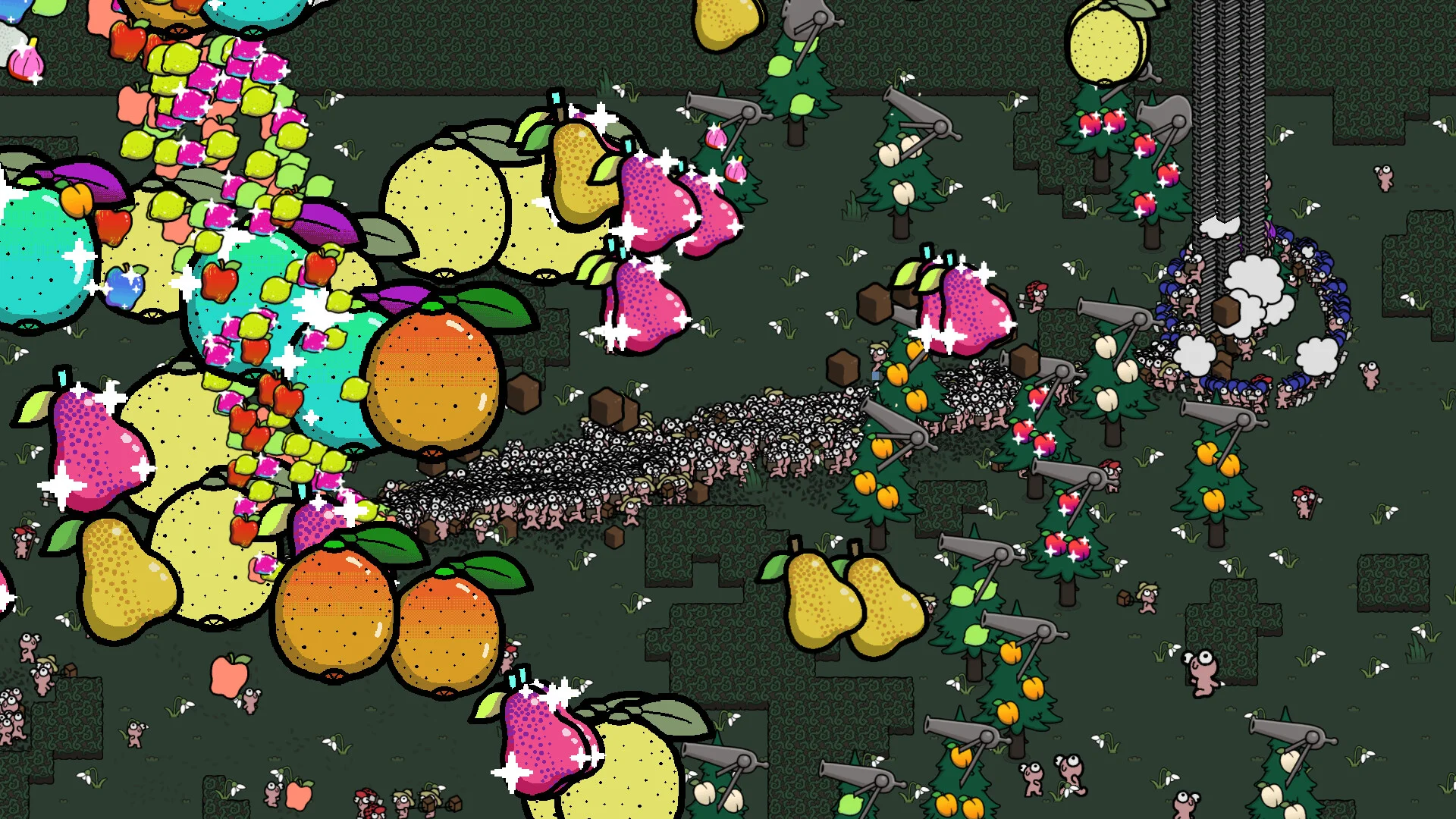 Giant pears and oranges, cannons aimed at apple trees, a packed creature trail