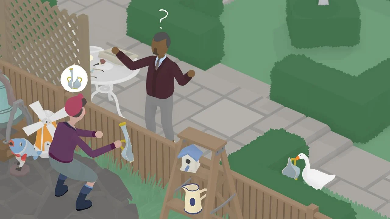 The goose watches a person in a purple coat beside a flower stall and a small dog.