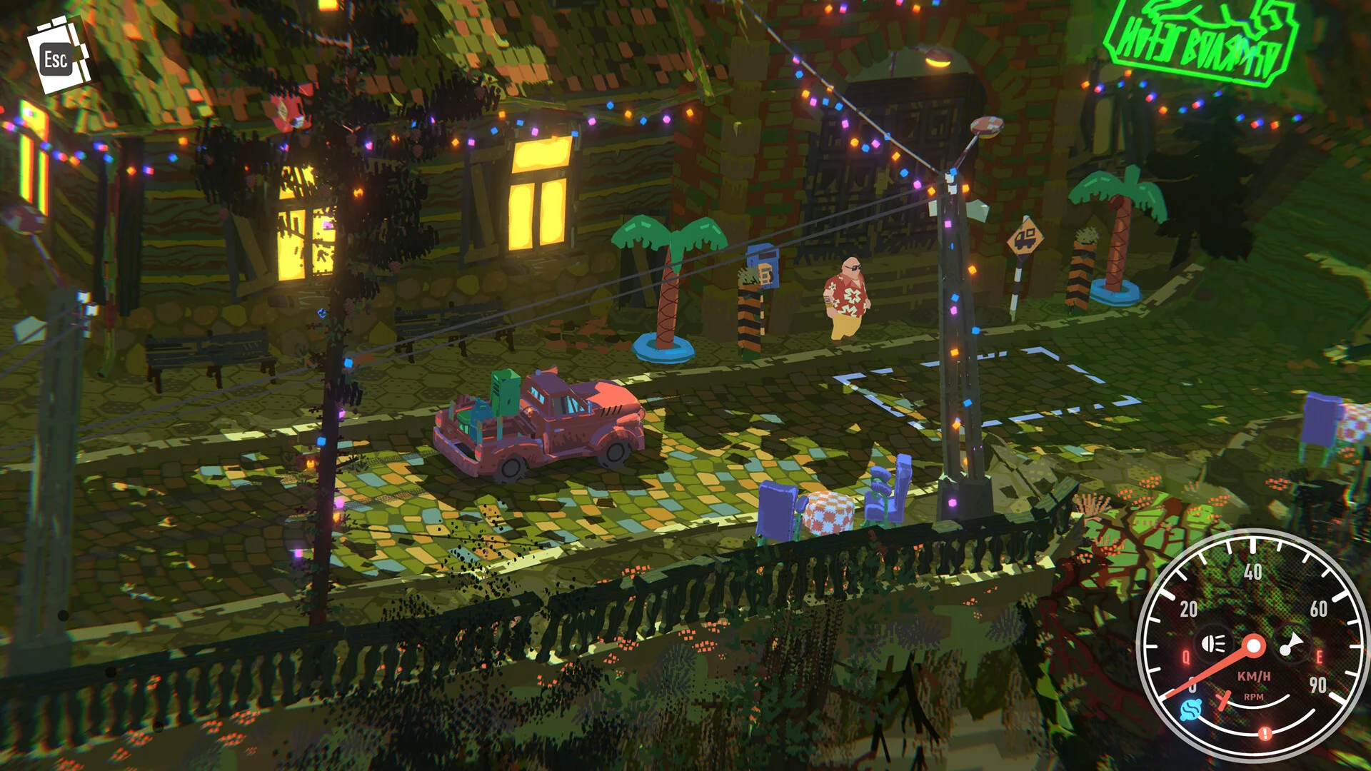 Night cobbles: pink pickup with green cargo, fairy lights, speedo 0 km/h, man in a floral shirt