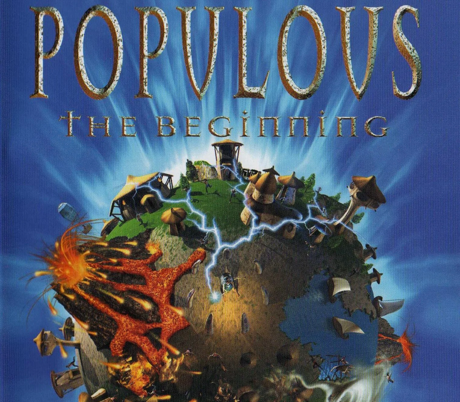 Populous The Beginning cover, shaman leading a tribe on a 3D planet
