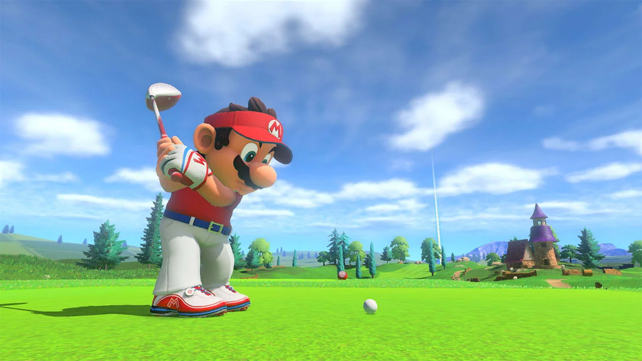 Mario mid-swing on a sunny course with a castle behind him.