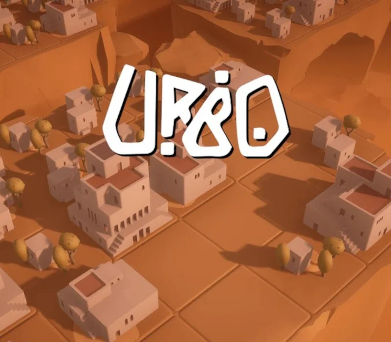 Cover, title URBO in white brush letters, terracotta desert town of cube houses with orange roofs and small trees