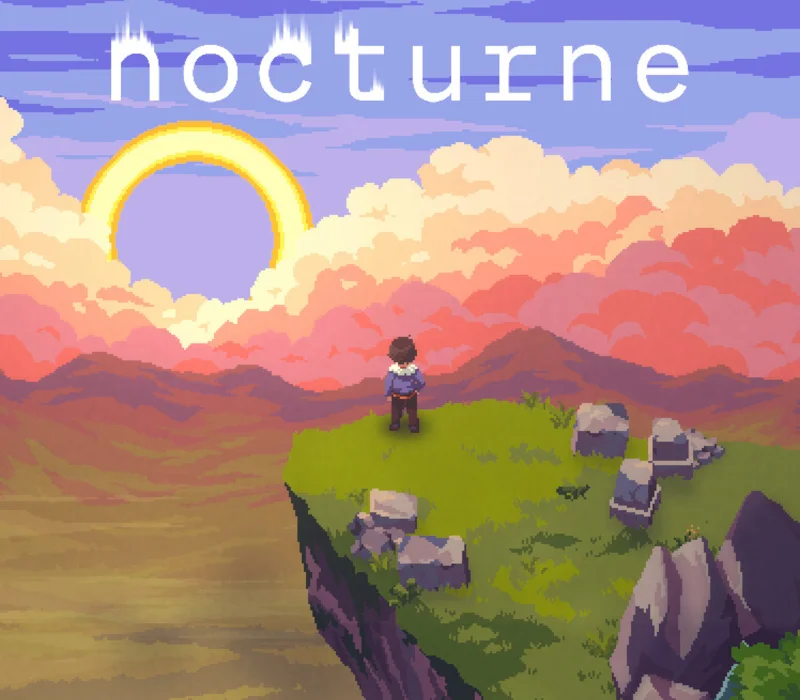 Nocturne pixel art hero watching a ring-shaped sun over sunset clouds from a grassy cliff