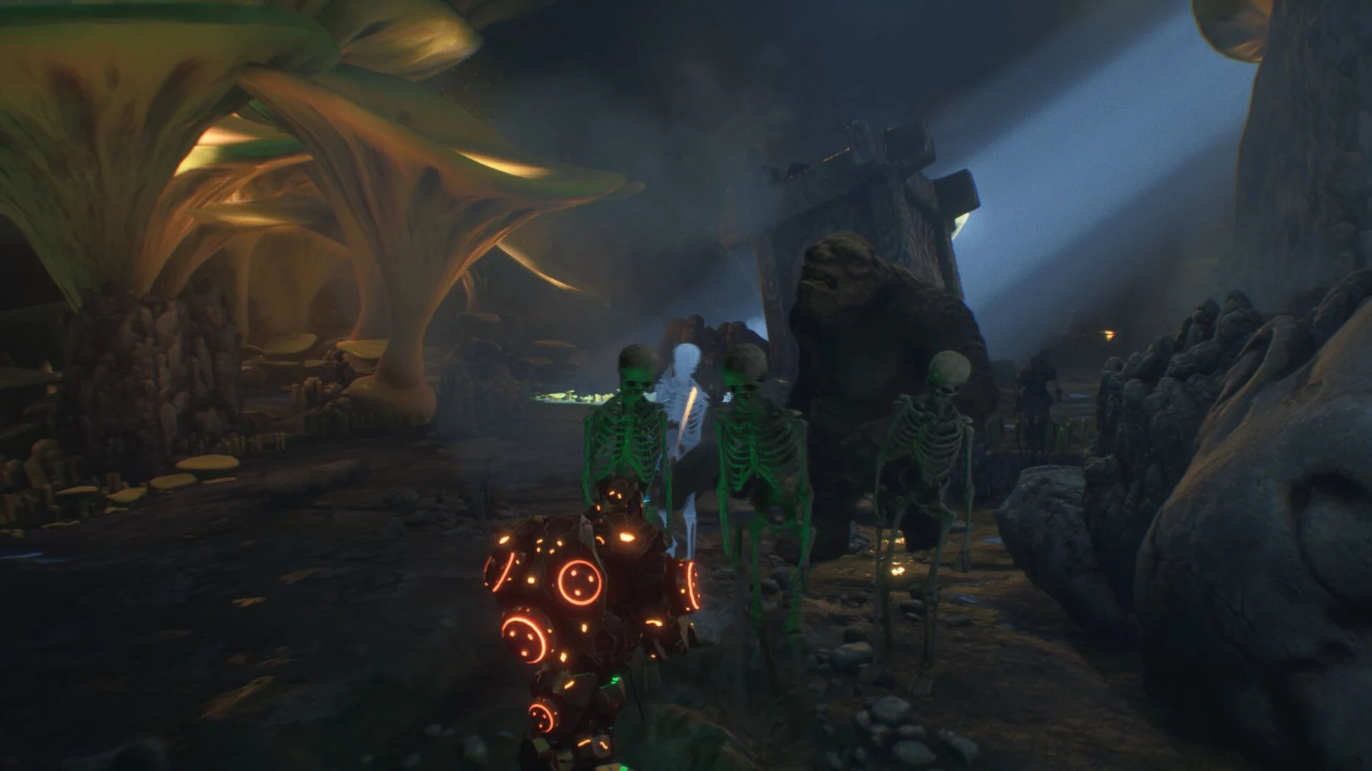 Orange-ringed robot from behind facing green skeletons and a stone golem in a cave of giant yellow mushrooms and a stone cross