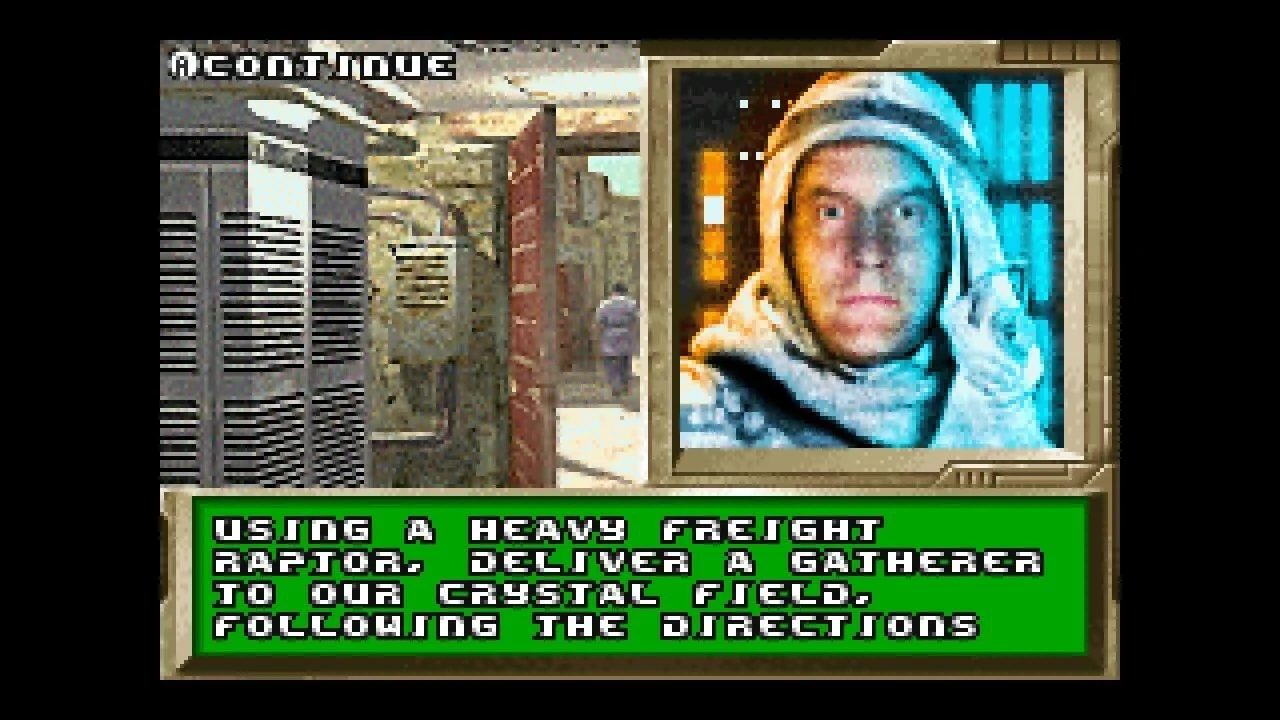 Briefing: hooded face, Continue, green text about a Heavy Freight Raptor delivering a Gatherer to a crystal field