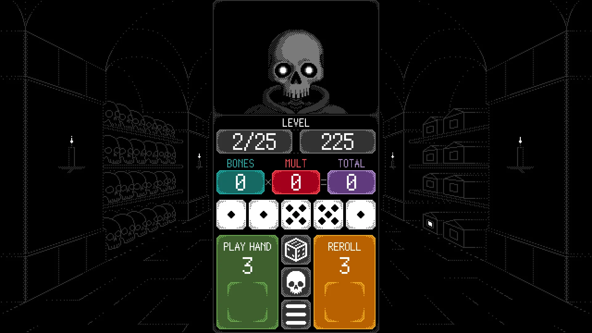 Pixel play screen, hooded skull, level 2 of 25, five dice showing 1 1 6 5 1, Play Hand 3 and Reroll 3