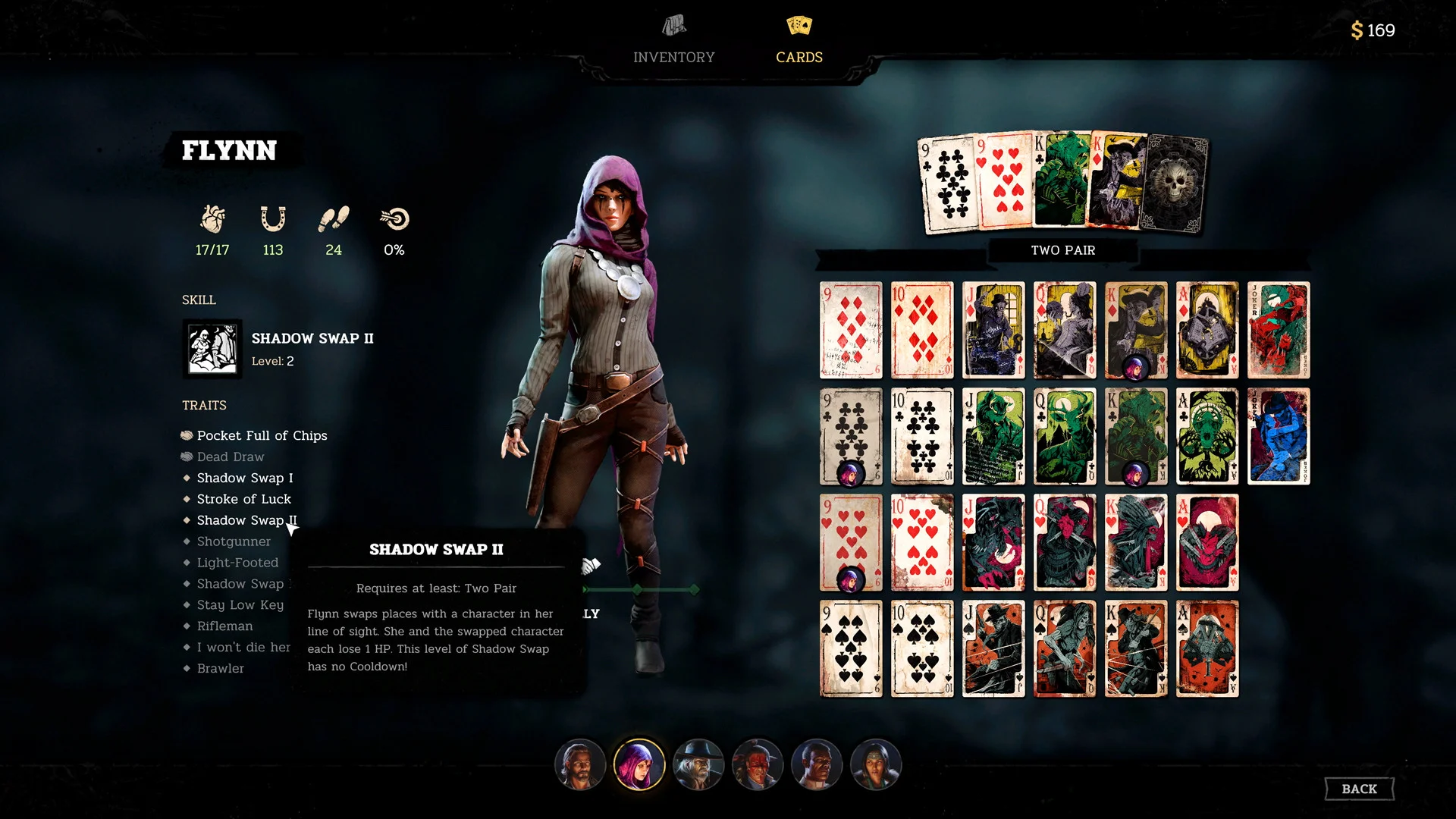 A character sheet beside a grid of playing cards.