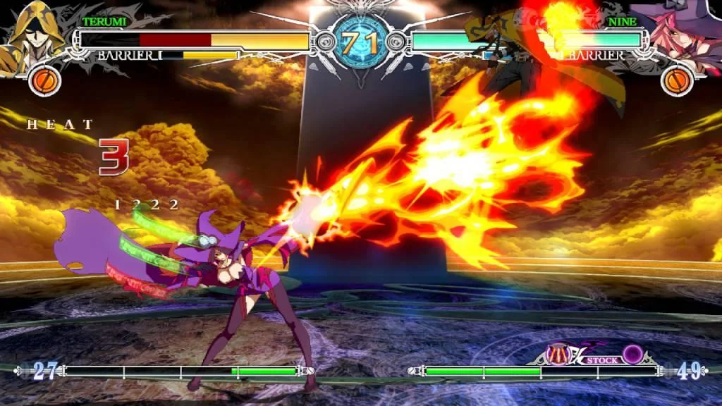 Terumi versus Nine, purple witch throwing a fire burst, HEAT 3 and 12222 on the HUD, X-STOCK in the corner