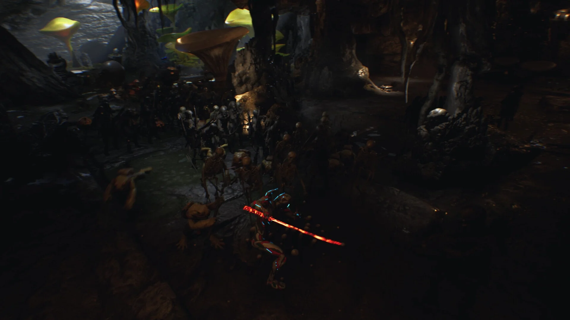 Dark mushroom cave packed with a skeleton horde, a figure with a glowing red sword in the foreground, bodies on the ground