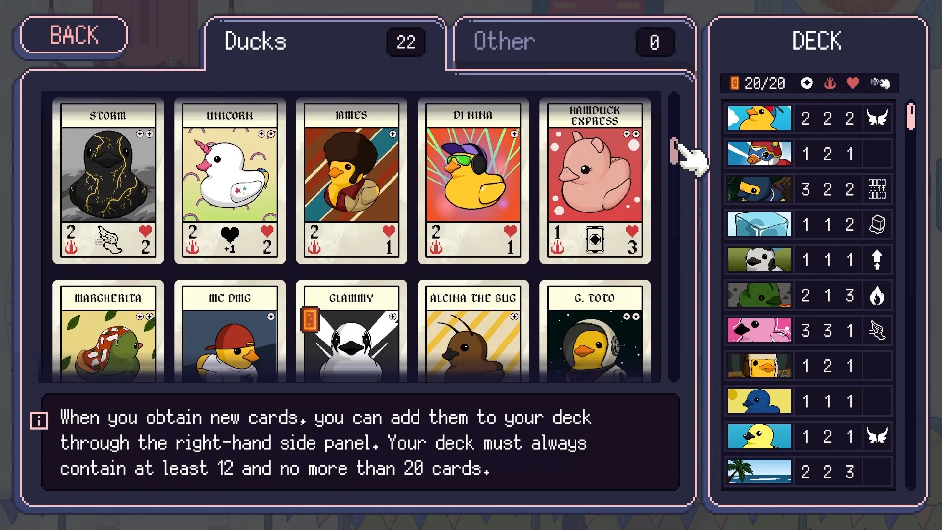 Ducks collection: Storm Unicorn James DJ Nina Hamduck Express, deck 20/20, 12-20 card rule