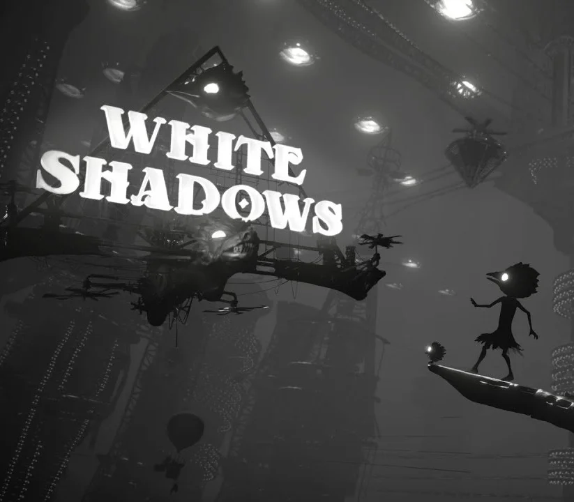 White Shadows cover, fog, WHITE SHADOWS on a hanging bird-skull beam, small beaked figure on a pointed perch, distant balloons