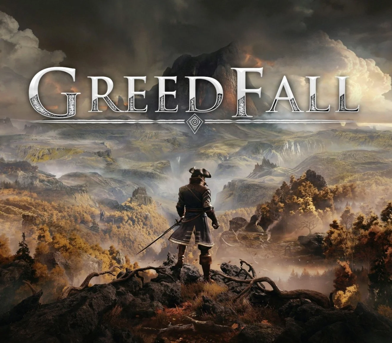 GreedFall cover: tricorn explorer with a sword on a cliff over a misty canyon, GREEDFALL title