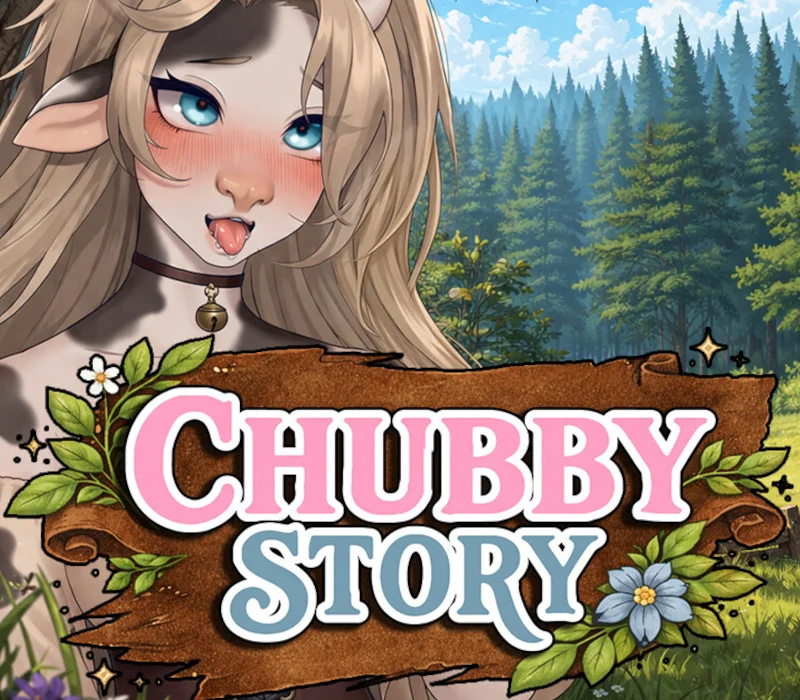 Chubby Story cover, blonde cow-girl with a bell collar behind a leafed CHUBBY STORY wood sign