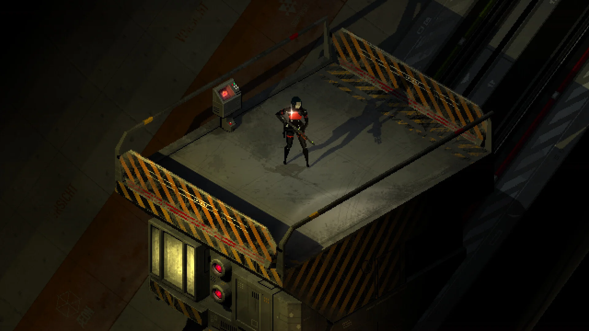 Elster stands alone on a hazard-striped rooftop holding a rifle under a single lamp
