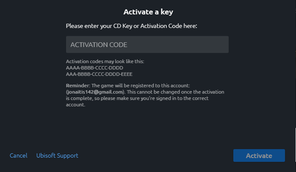 Ubisoft Connect key activation window