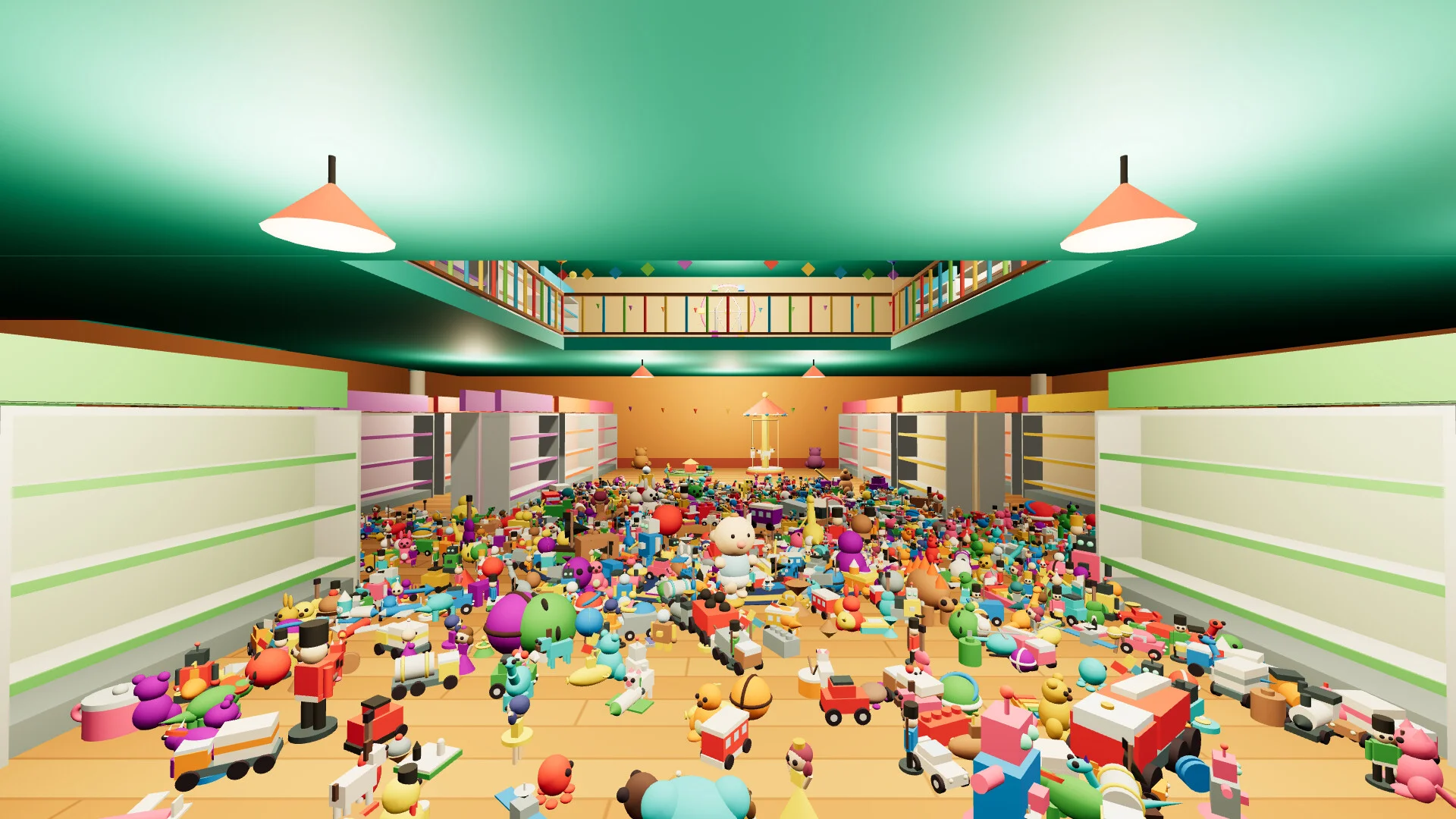 Toy Keeper sorting toys across store floors