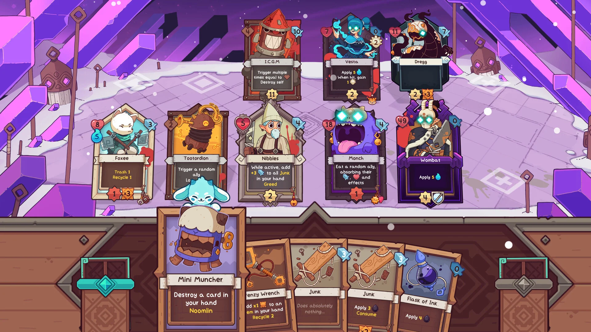 Crystal cave: Mini Muncher, Foxee, Tootordion, Nibbles, Monch, Junk cards in hand