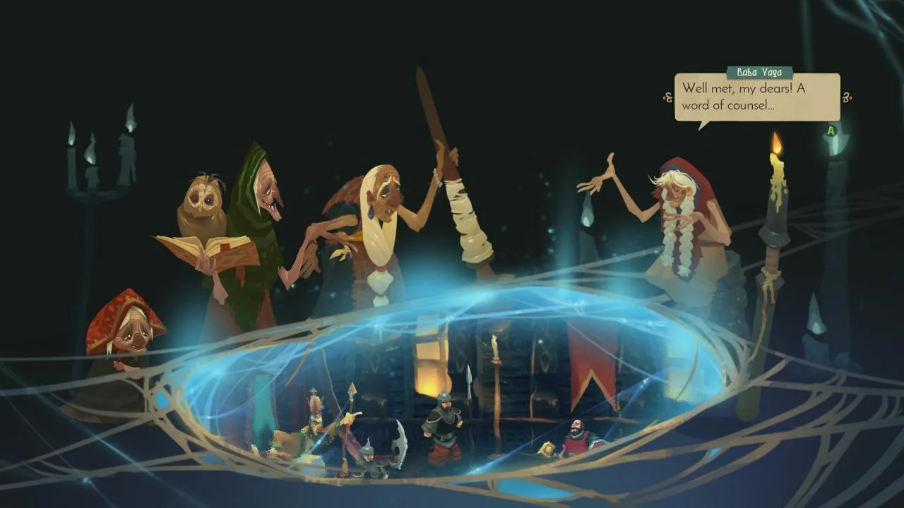 Baba Yaga counsel: witches around a glowing well, text Well met, my dears! A word of counsel