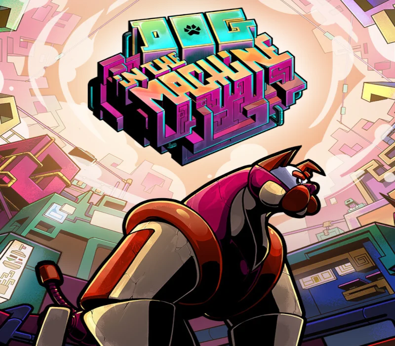 Grafika Dog in the Machine z kolorowym logo nad czerwono-białym AutoDogiem w mechanicznym mieście
