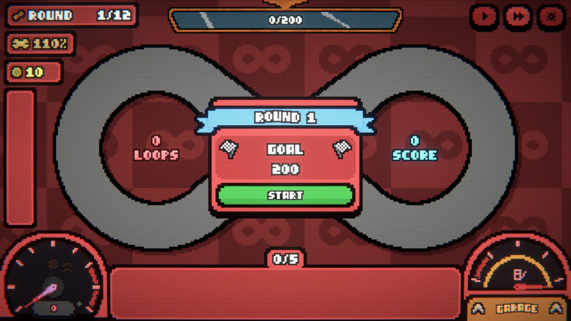 Round 1 Start: grey figure-eight, GOAL 200, 0 loops, 0 score, garage needle on B