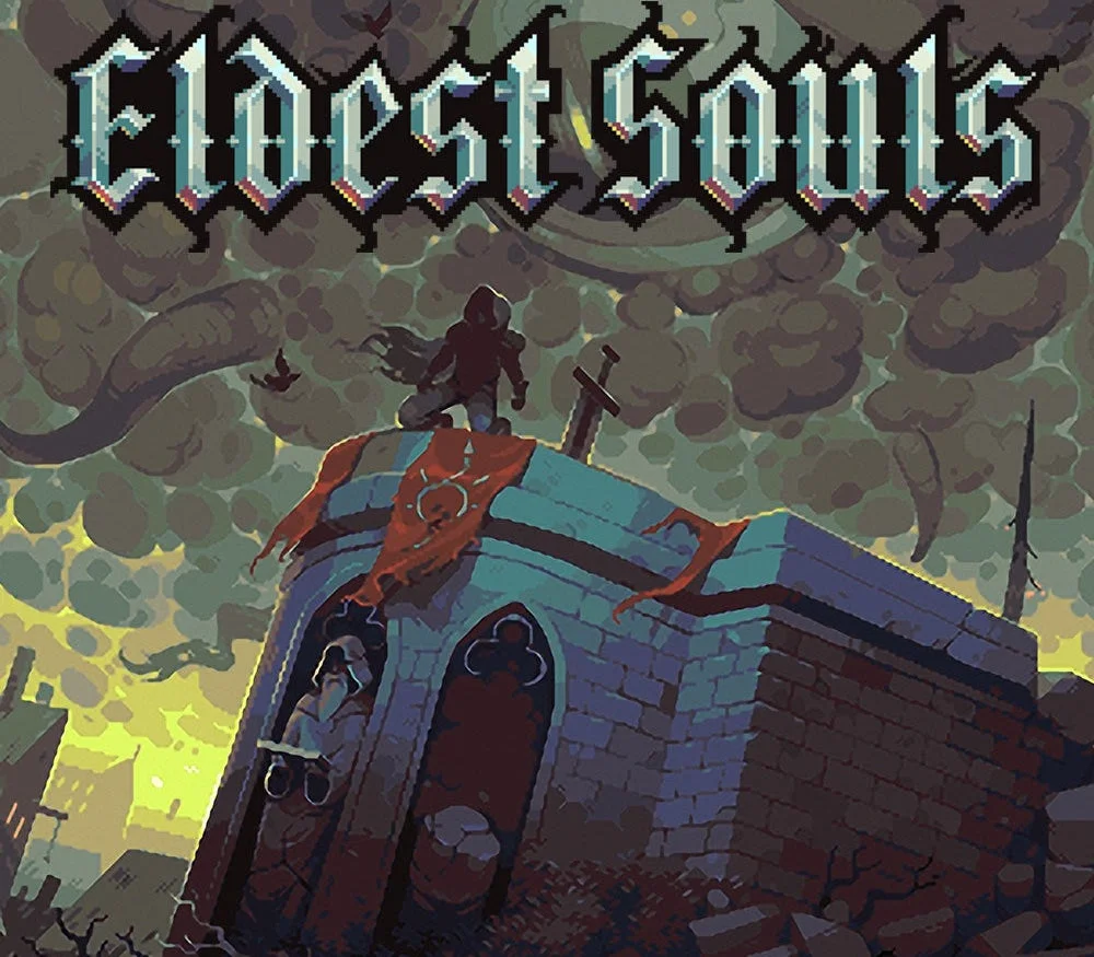 Eldest Souls cover: hooded warrior kneeling on a stone keep with an orange sun banner, pixel title