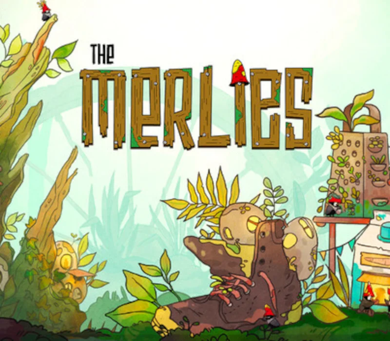 The Merlies wooden logo over a giant shoe house, cheese, grater planter and tiny red-hatted birds