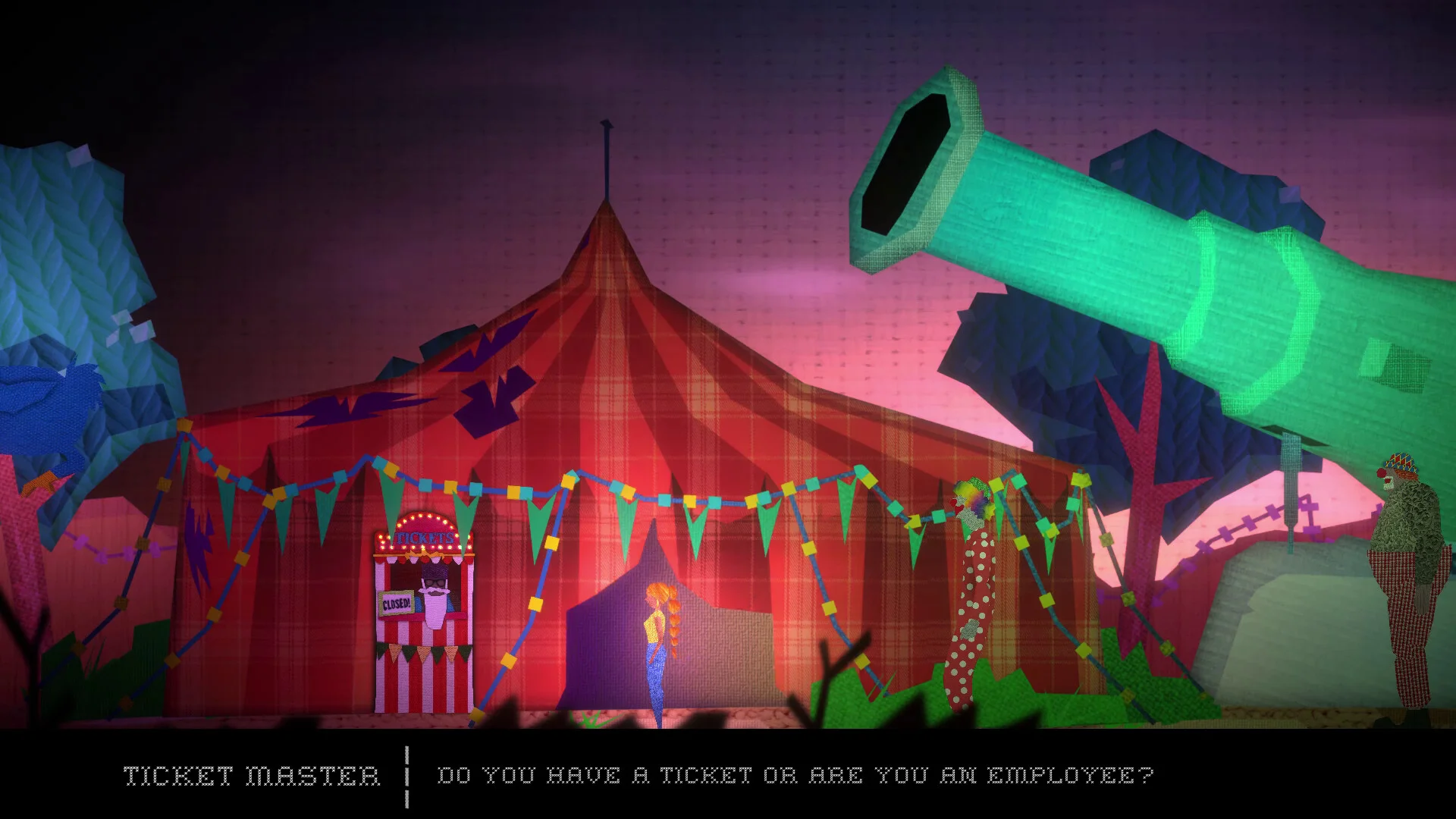 Red circus tent, clowns, a giant green cannon and a ticket booth asking ticket or employee