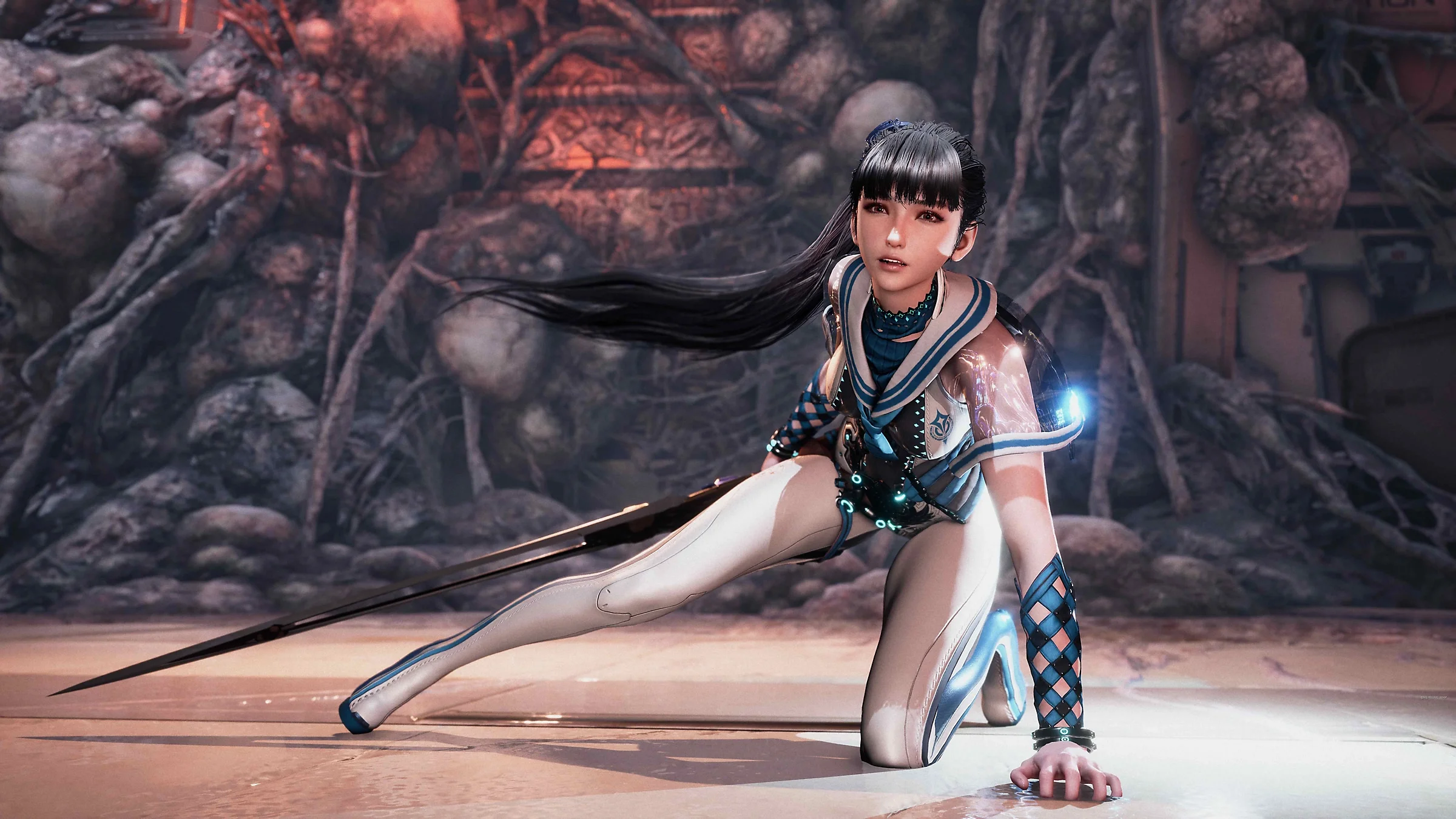 Eve kneels in a white sailor-style suit holding a long black blade before dark roots