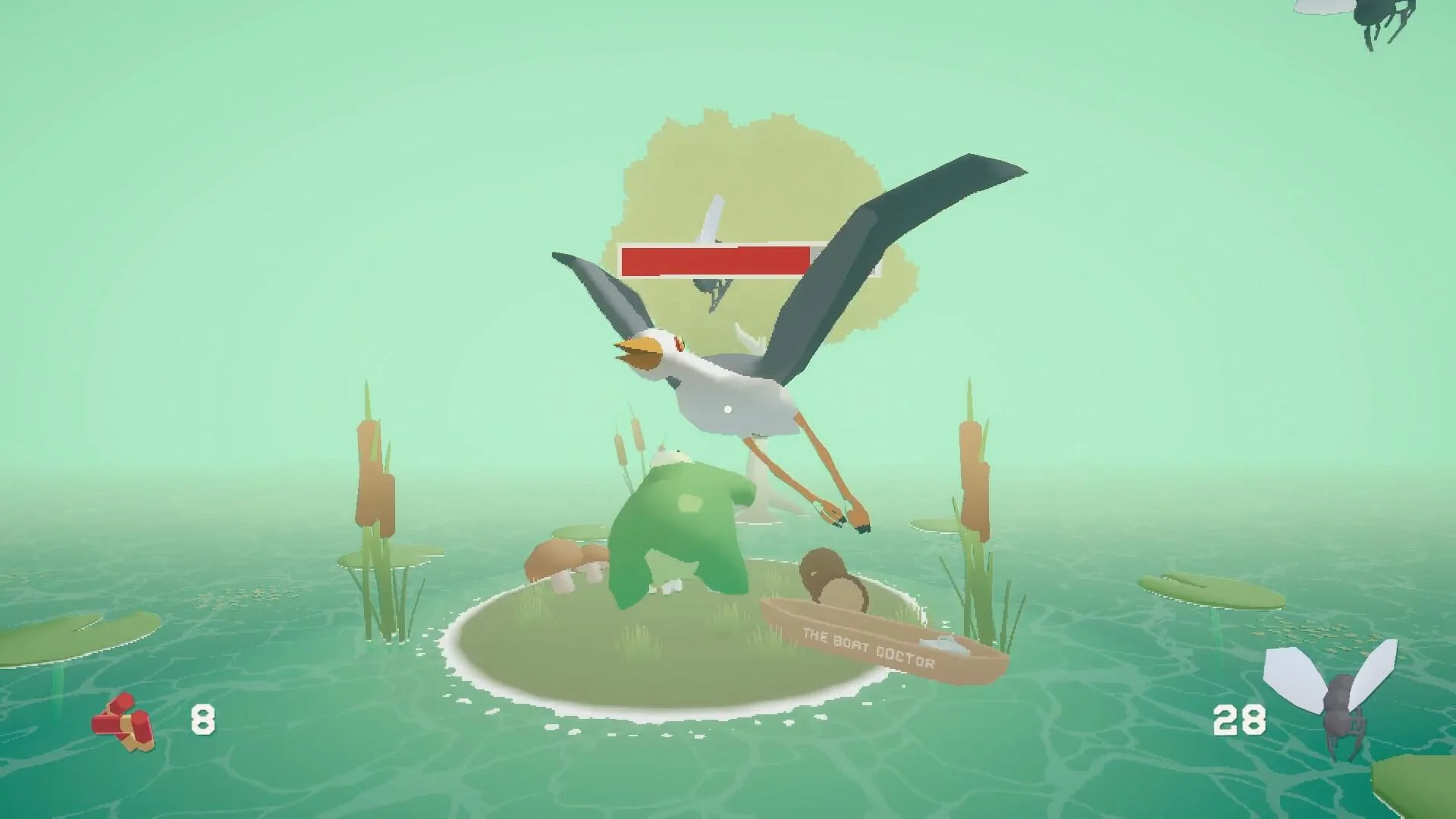 Seagull with a red HP bar over THE BOAT DOCTOR, frog on a pond island, flies 28