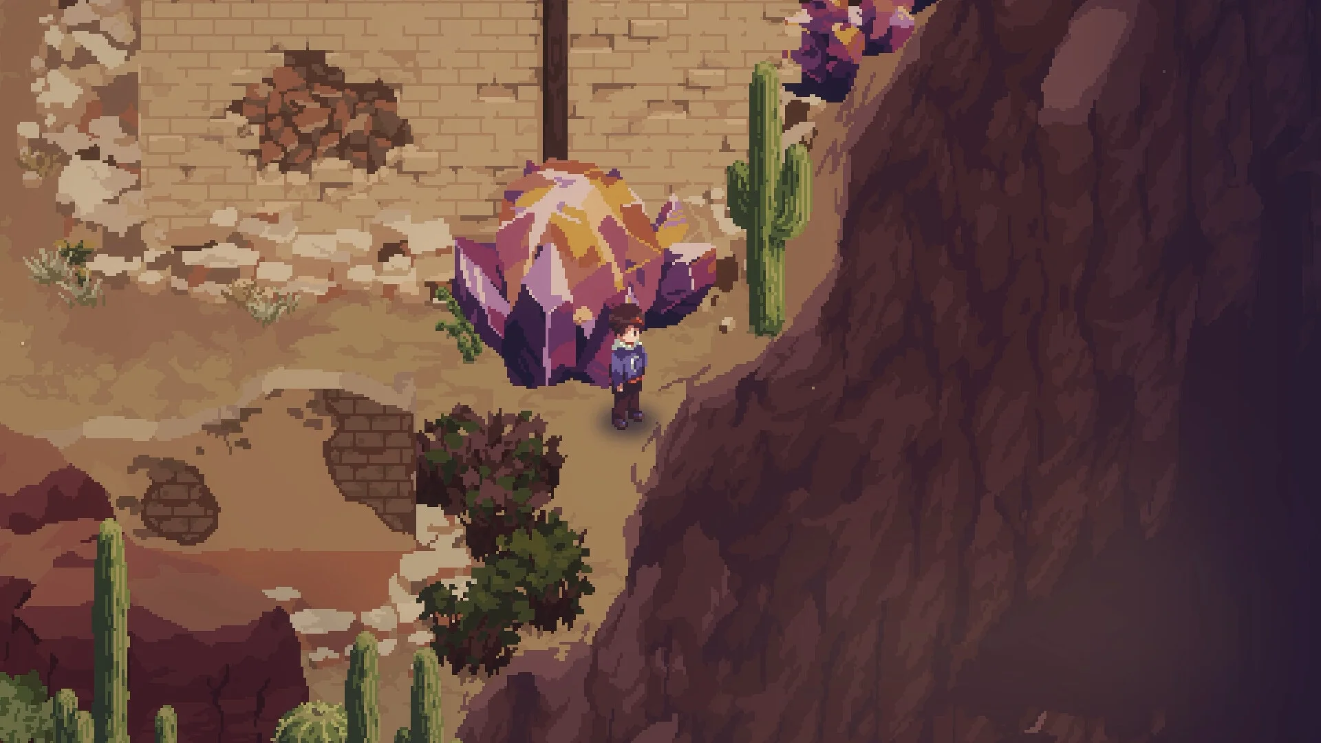 Nocturne hero beside a large purple and orange crystal among cacti and crumbling desert walls