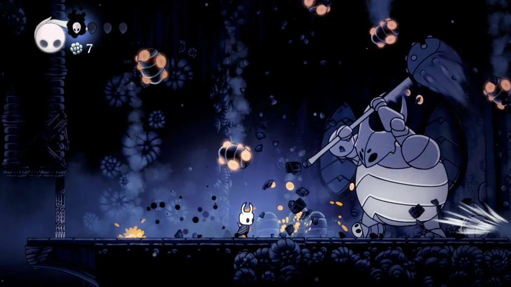 The Knight faces a huge armoured beetle swinging a mace on a dark platform