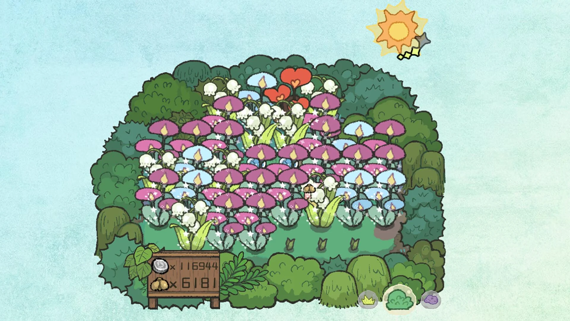 Dense circular garden filled with multicoloured flowers and plants