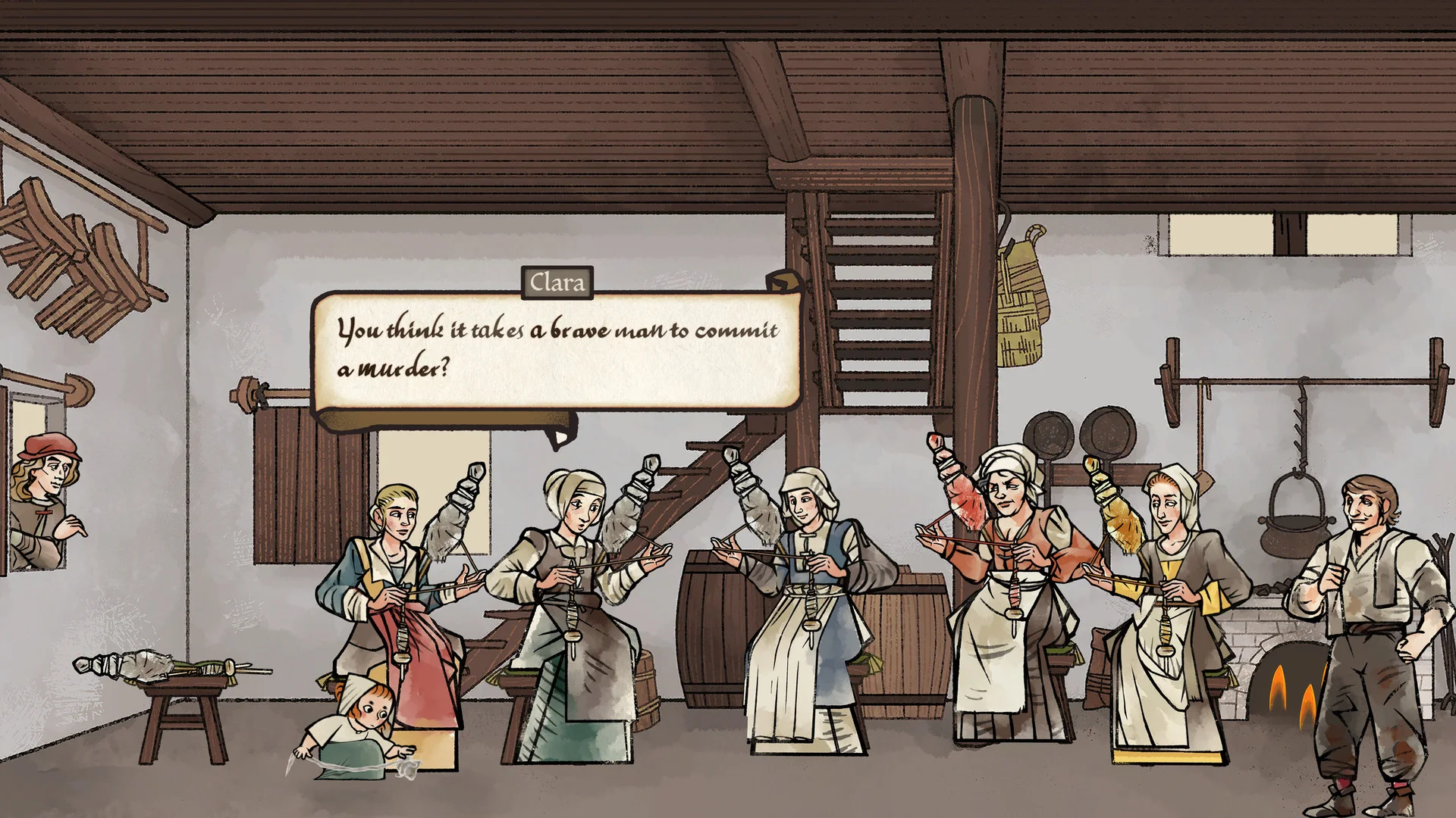 Pentiment conversation scene with changing lettering
