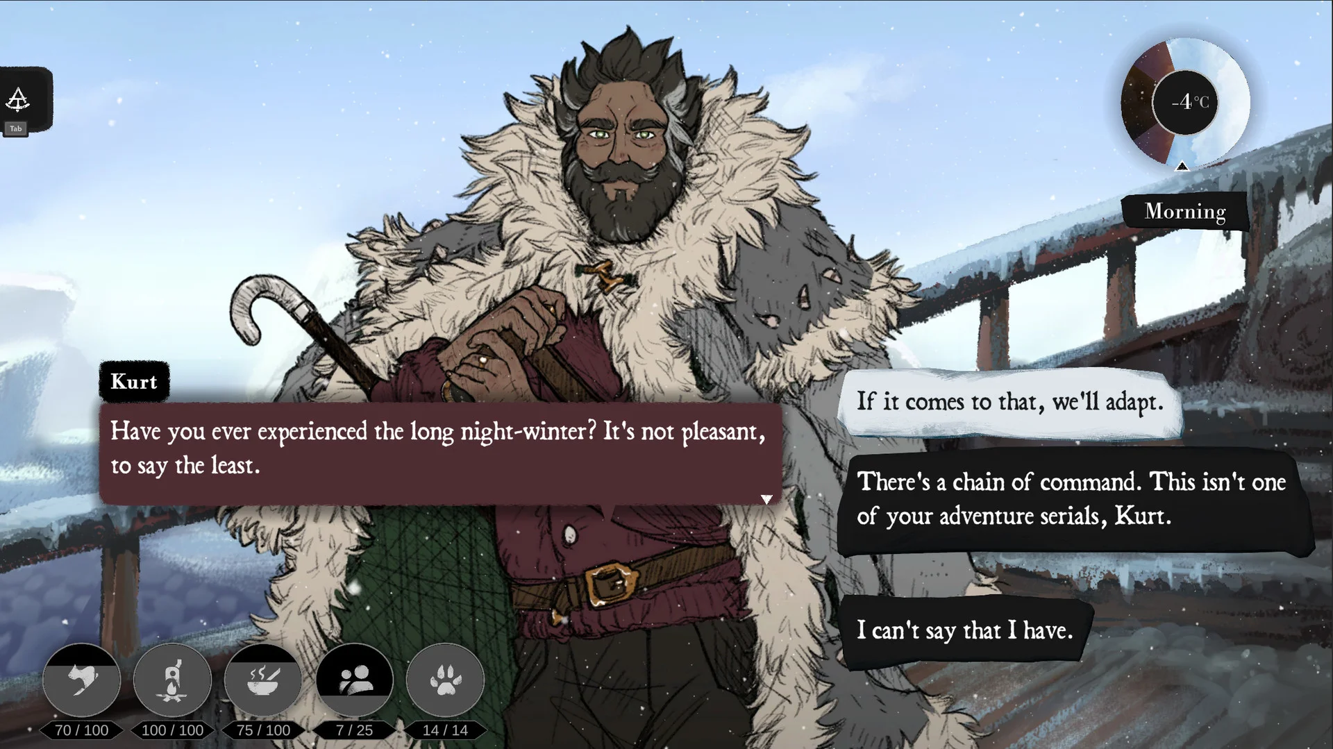 Kurt in a huge fur coat with a walking stick talks about the long night-winter on a snowy deck, Morning -4°C, reply options beside him