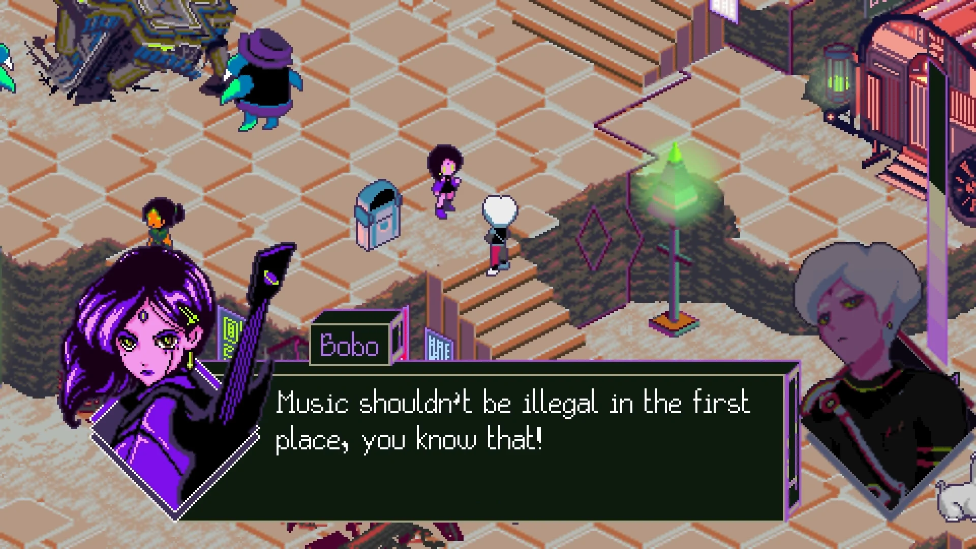 Isometric street: Bobo dialogue Music should not be illegal, guitar portrait and silver-haired NPC