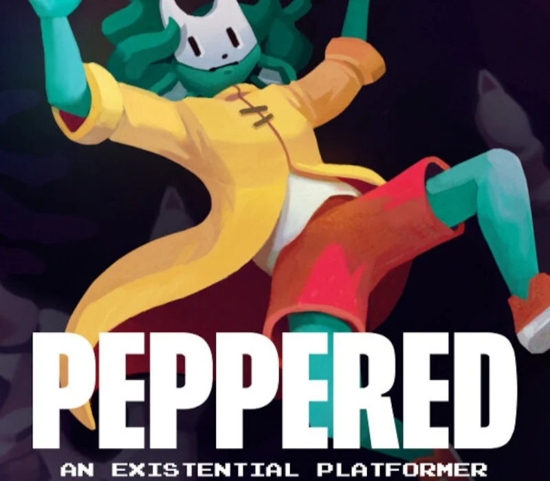 Teal masked character in a yellow coat and red shorts leaping under the PEPPERED logo