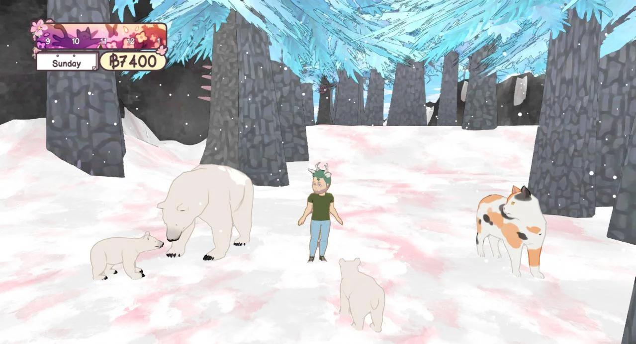 Snowy blue-tree forest, antlered person, adult polar bear and two cubs, orange-and-white cat, Sunsday 74000 on the HUD